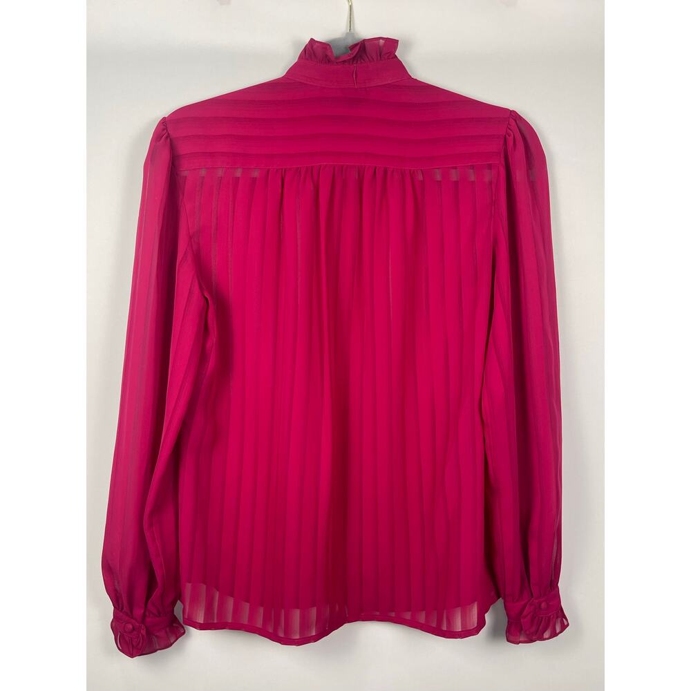 Vintage 1980s David Matthew Sheer Fuchsia Ruffle Blouse Striped High Neck Sz 10 - Picture 7 of 8